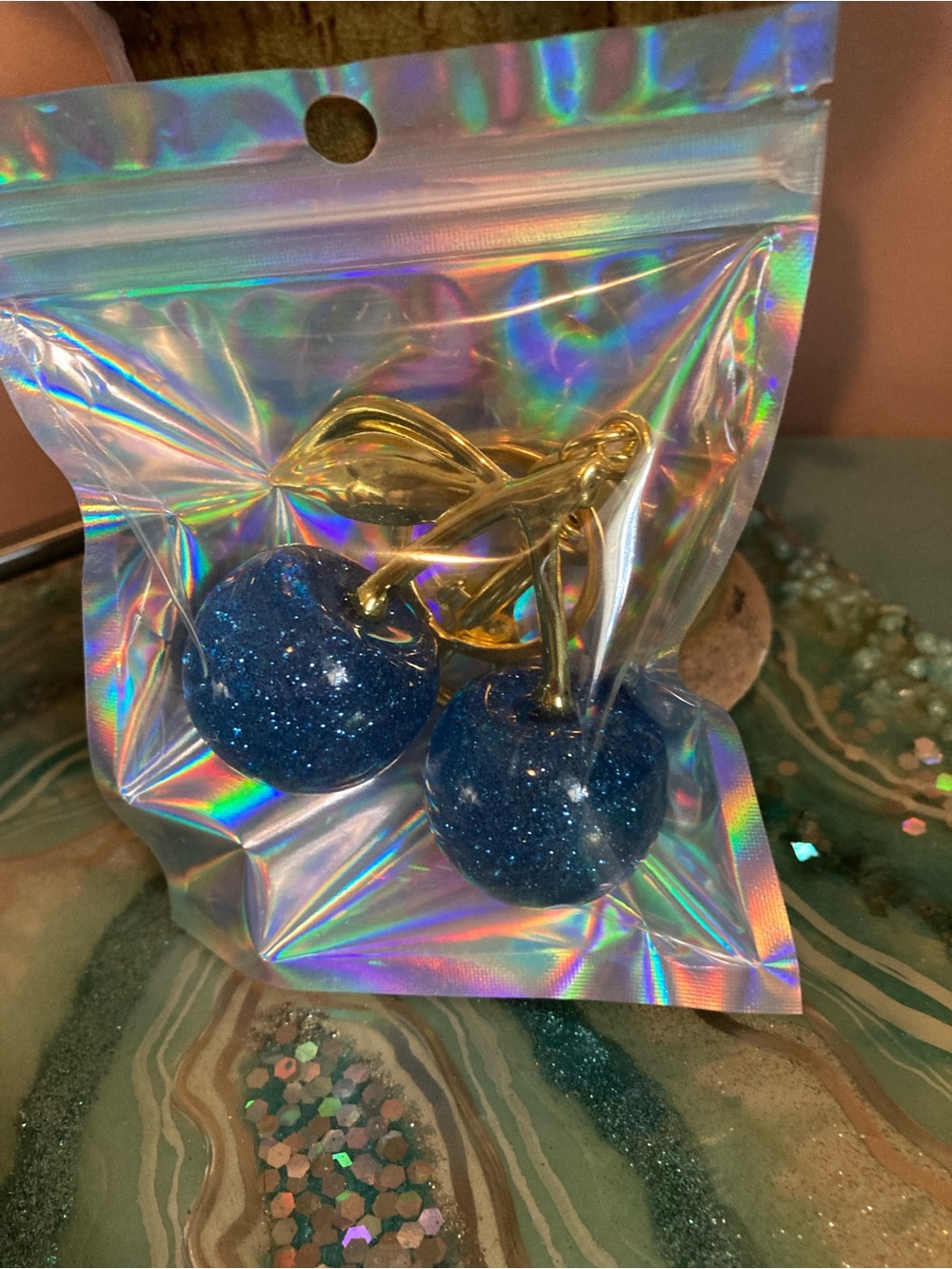 Blue Glitter Cherry bag charm with Gold Accents